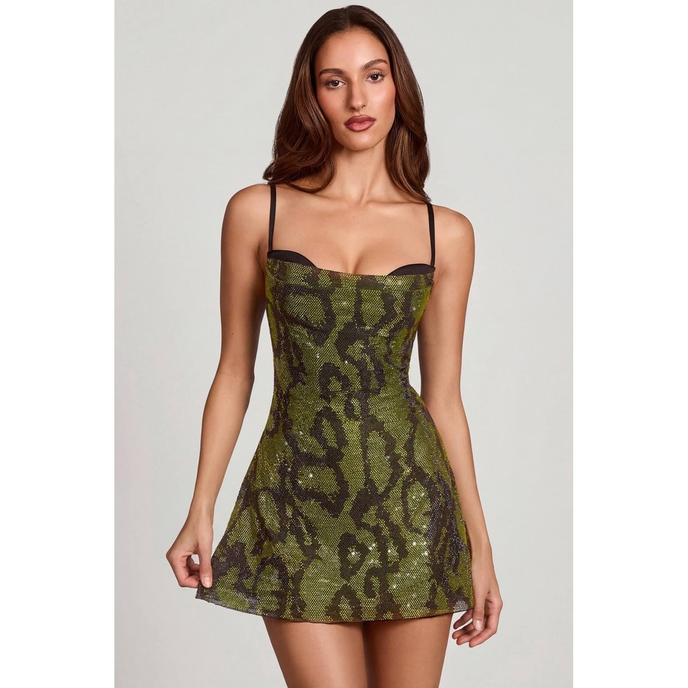 Oh Polly Green Snake Print Sequin Mini Dress Bustier Adjustable Straps